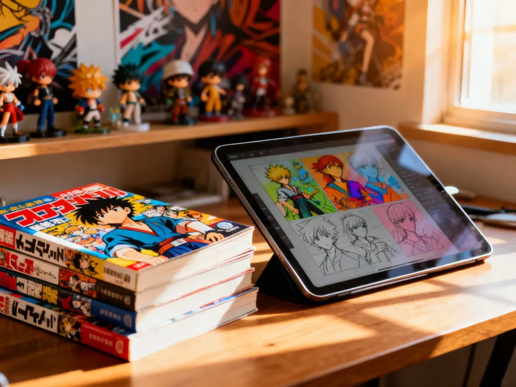 Stos mangi oraz tablet z rysunkami anime na biurku, otoczone figurkami i plakatami w klimatycznym, słonecznym pokoju.