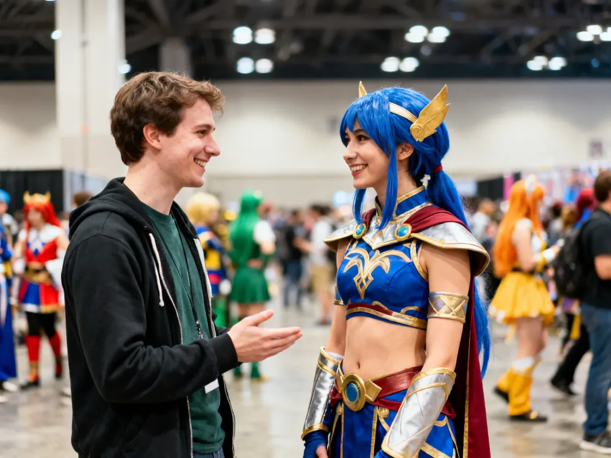 Visitor respectfully asking a cosplayer before taking a photo