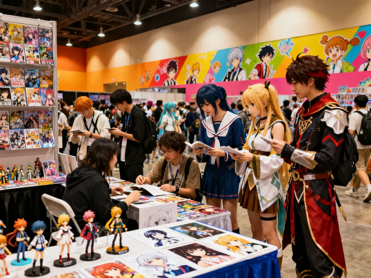 Uczestnicy konwentu anime oglądający cosplaye i kupujący gadżety