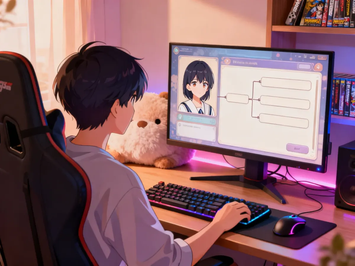 Gracz podejmujący wybór w visual novel na ekranie komputera