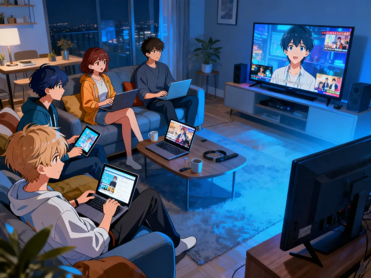 Fani anime oglądający serial na różnych urządzeniach streamingowych