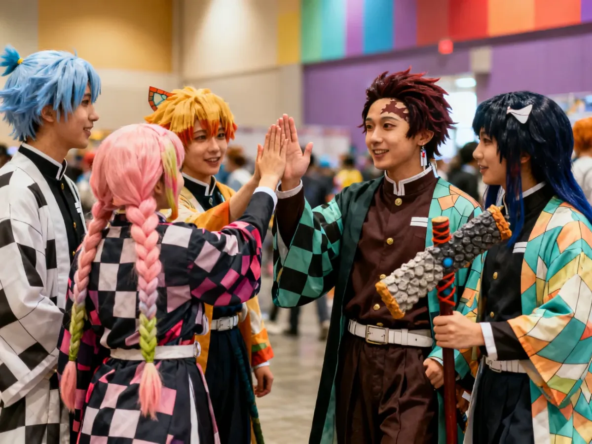 Cosplayers presenting detailed costumes and props at a convention