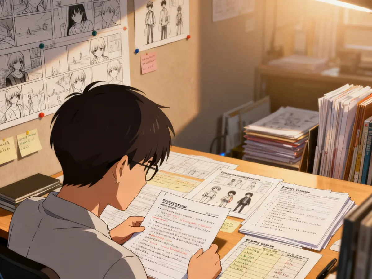 Twórca anime planujący strukturę sezonu przy biurku z notatkami i storyboardami