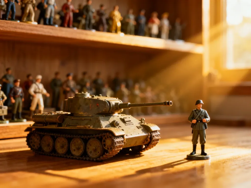 Kolekcja miniaturowych figurek i modelu czołgu na drewnianej półce, prezentująca różnorodność dostępnych skal modelarskich.