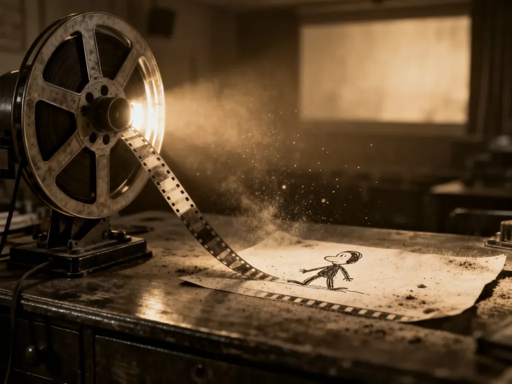 Stara taśma filmowa z ręcznie rysowaną postacią na drewnianym biurku, przywołująca klimat początków animacji.