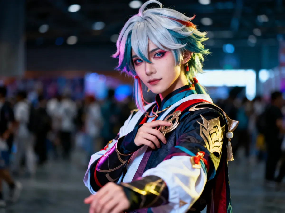 Cosplayer presenting a finished costume with styled wig and makeup