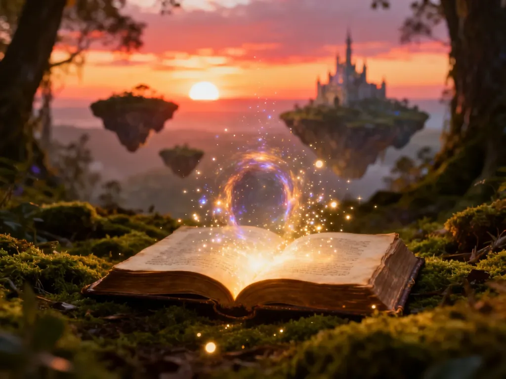 Otwarta, świecąca księga na leśnym mchu, która otwiera magiczny portal do fantastycznego świata z latającymi wyspami.