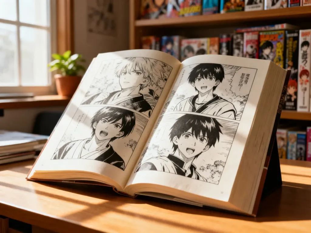 Otwarta manga z ilustracjami postaci leżąca na drewnianym biurku w przytulnym, słonecznym wnętrzu.