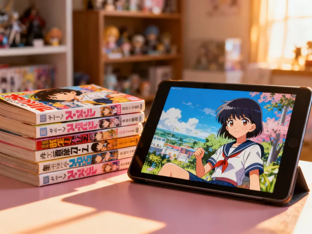 Stos mang obok tabletu z anime w przytulnym pokoju, ilustrujący wybór między czytaniem a oglądaniem japońskich historii.