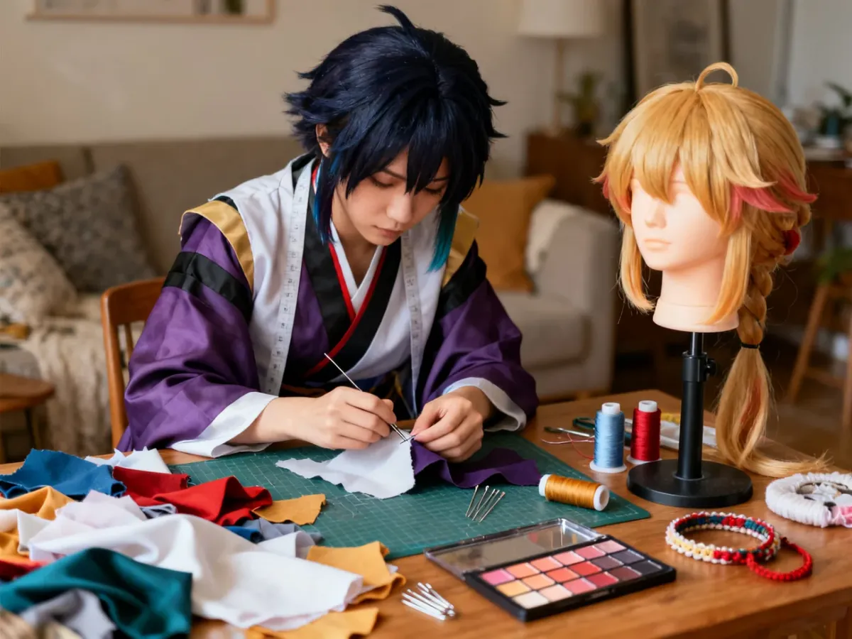 Beginner cosplayer preparing a costume and accessories at home