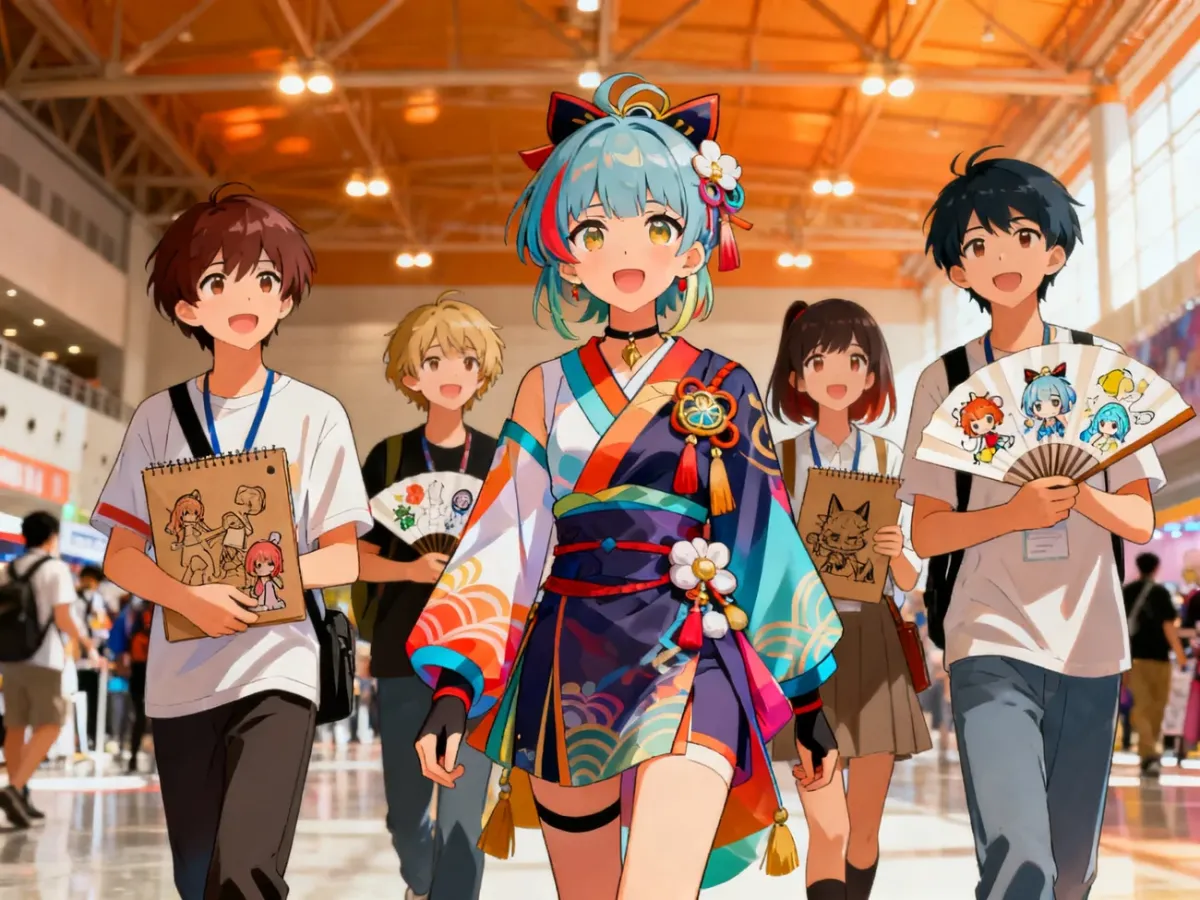 Przyjaciele odwiedzający konwent anime i nawiązujący kontakt z innymi fanami
