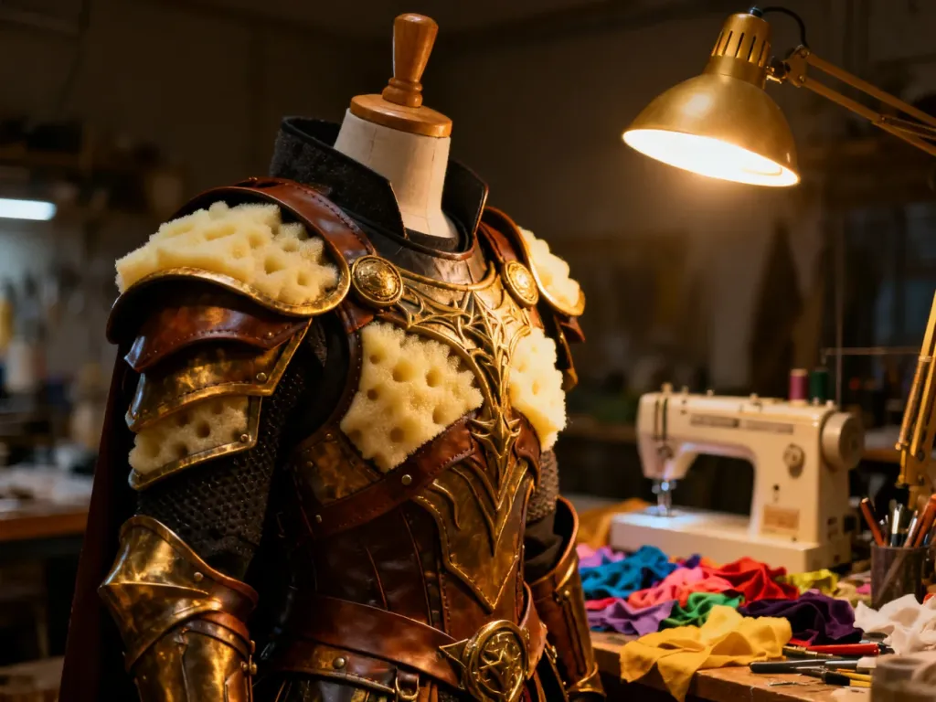 Ręcznie wykonana zbroja fantasy na manekinie w warsztacie, ukazująca kunszt i detale pracy nad kostiumem cosplayowym.