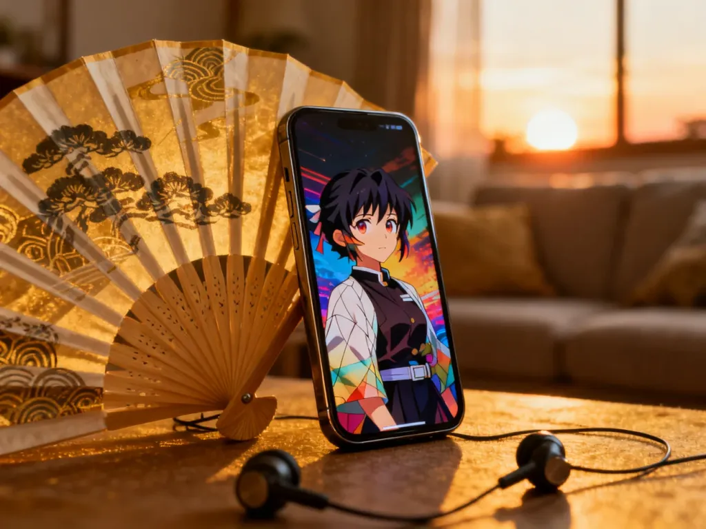 Japoński wachlarz i smartfon z anime na ekranie, symbolizujące połączenie tradycji z nowoczesnością w świecie japońskiej animacji.