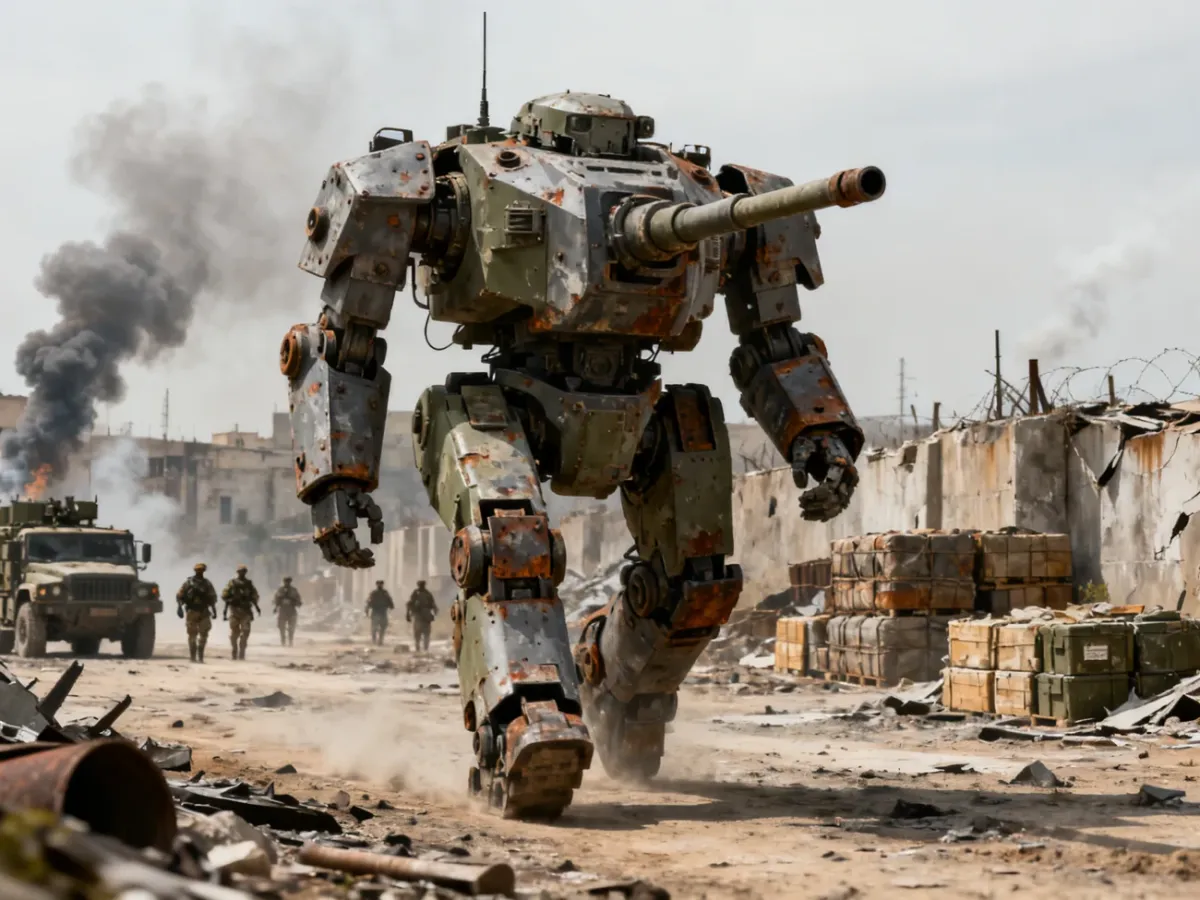 Militarny robot mecha na zniszczonym polu bitwy
