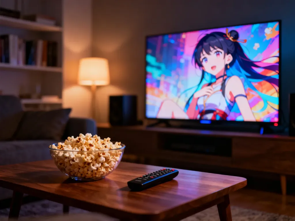 Przytulny salon z włączonym telewizorem wyświetlającym anime, zachęcający do wieczornego seansu w domowym zaciszu.