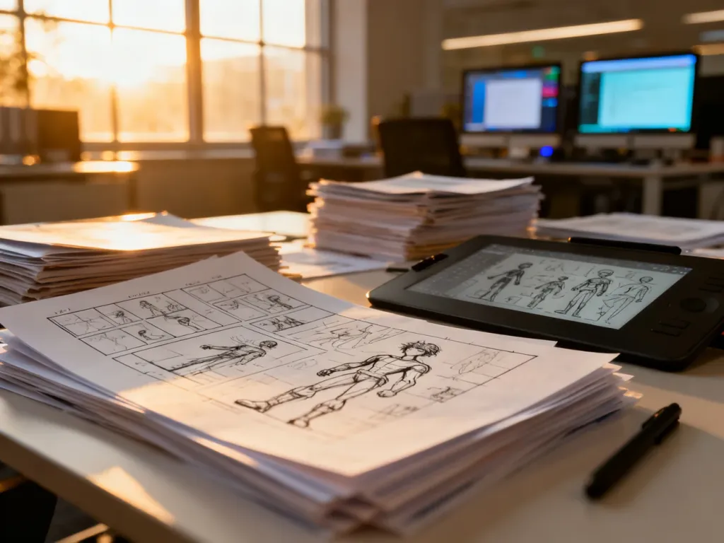 Profesjonalne stanowisko pracy w studiu animacji z tabletami graficznymi i szkicami storyboardów w świetle poranka.