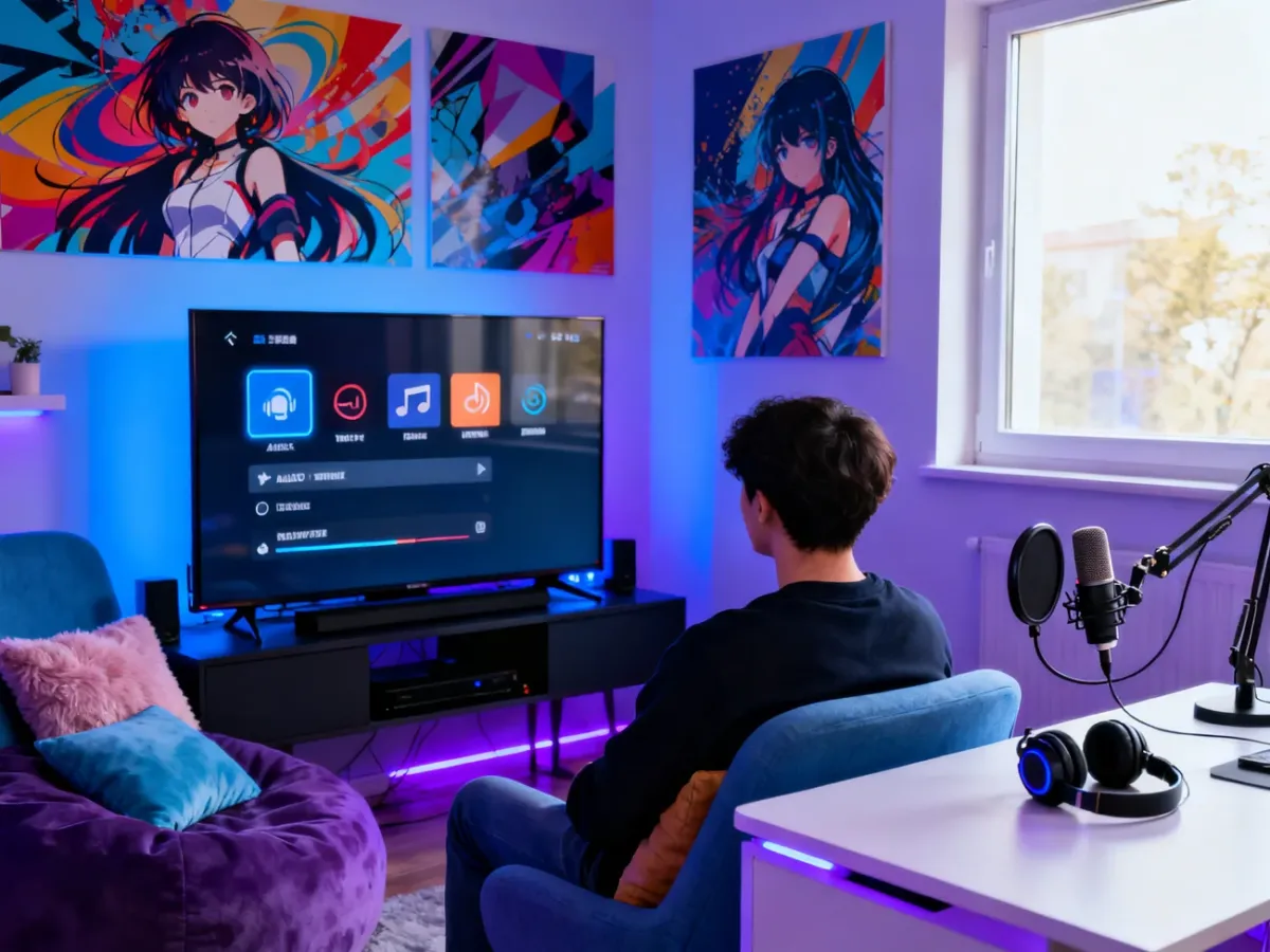 Widz sprawdzający ustawienia językowe anime na ekranie telewizora