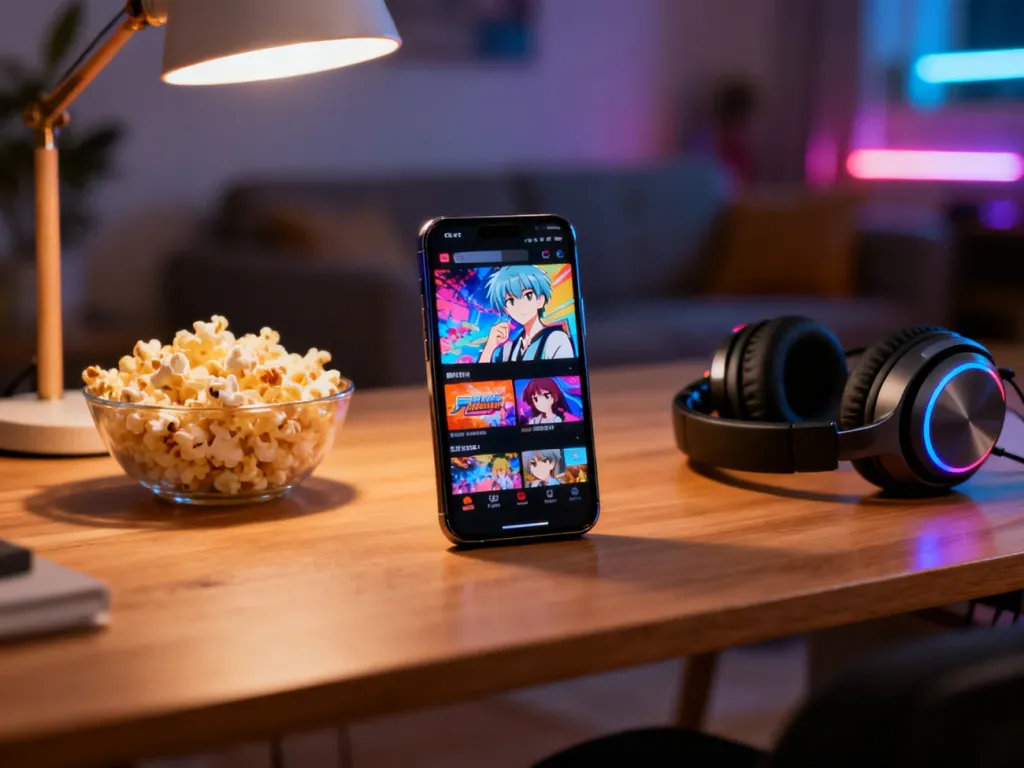Smartfon z interfejsem Crunchyroll, słuchawki i popcorn na biurku, tworzące przytulny klimat do oglądania anime.