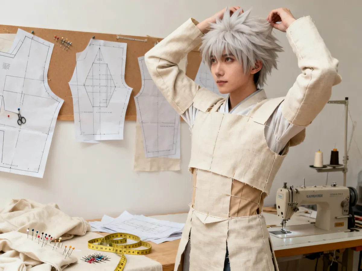 Cosplayer testing the fit of a cotton mock-up costume in a sewing workspace