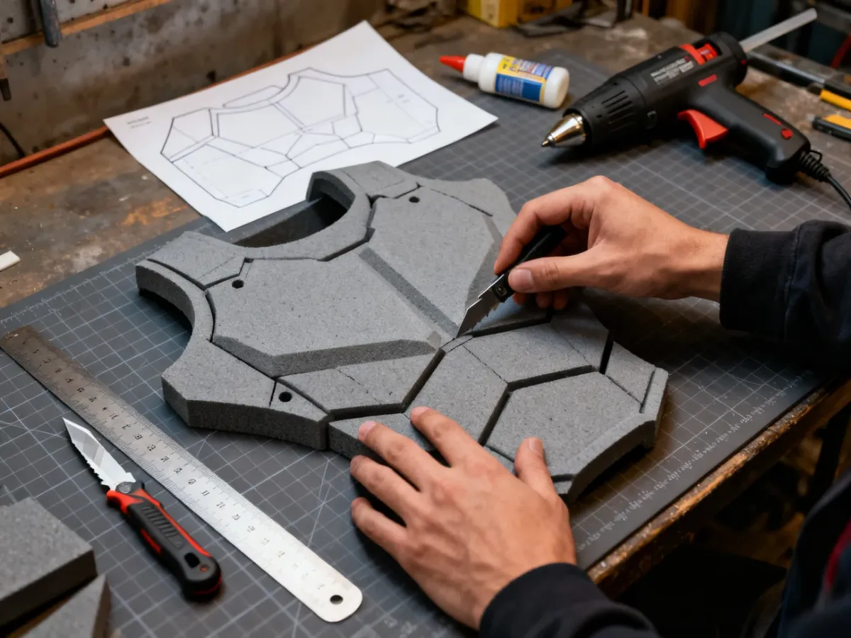 Hands shaping an EVA foam armor panel with cosplay crafting tools