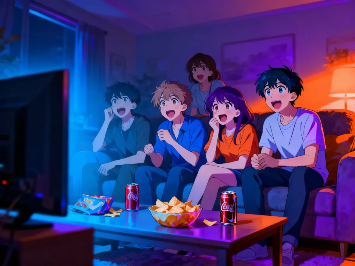 Znajomi wspólnie oglądający anime w przytulnym salonie