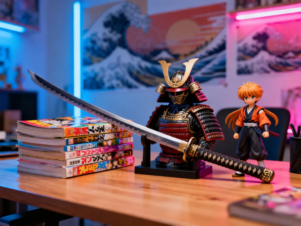 Kolekcja gadżetów związanych z kulturą anime: katana, mangi oraz figurka na drewnianym biurku w klimacie neonowego pokoju.