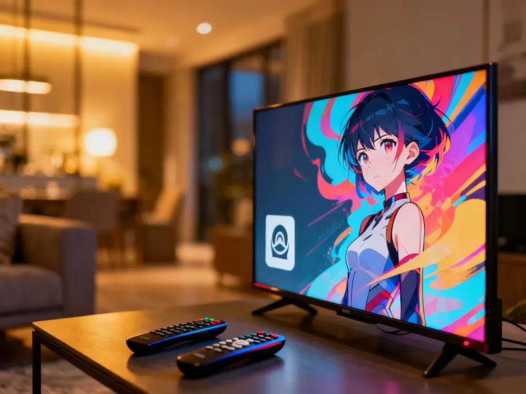 Nowoczesny salon z telewizorem wyświetlającym grafikę anime oraz dwoma pilotami na stole, symbolizujący wybór między platformami.