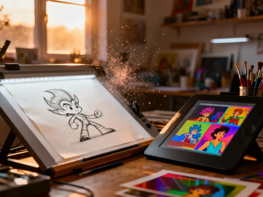 Stanowisko pracy animatora łączące tradycyjny szkicownik z tabletem graficznym, symbolizujące ewolucję technik animacji.