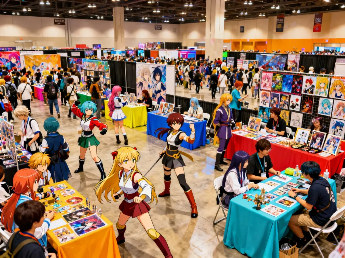 Fani anime w cosplayach podczas konwentu, otoczeni fanowskimi pracami