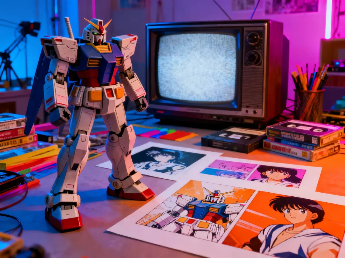 Kultura anime lat 80. z robotem mecha, kasetami VHS i telewizorem
