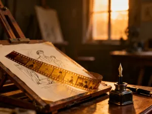 Otwarta, świecąca księga na leśnym mchu, która otwiera magiczny portal do fantastycznego świata z latającymi wyspami.