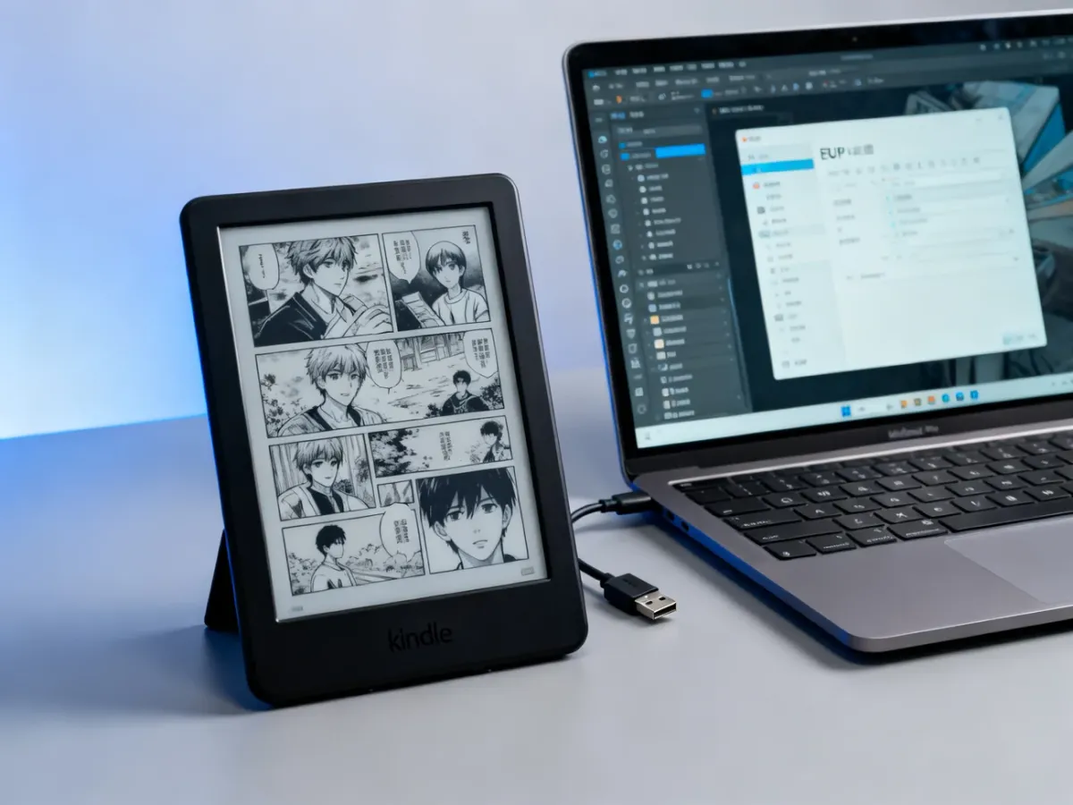 Czytnik e-ink z mangą obok laptopa i kabla USB