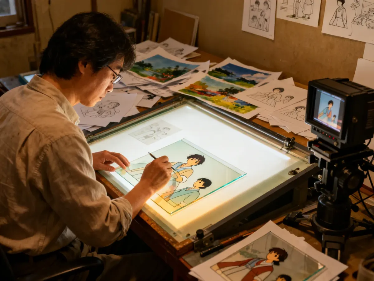 Animator malujący ręcznie przezroczyste arkusze celuloidowe w tradycyjnym studiu anime