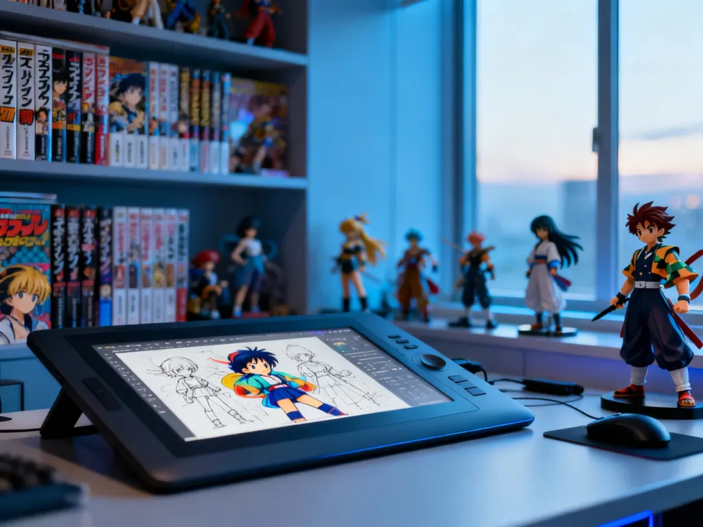 Nowoczesne stanowisko pracy animatora z tabletem graficznym oraz półkami pełnymi mangi i figurek anime.