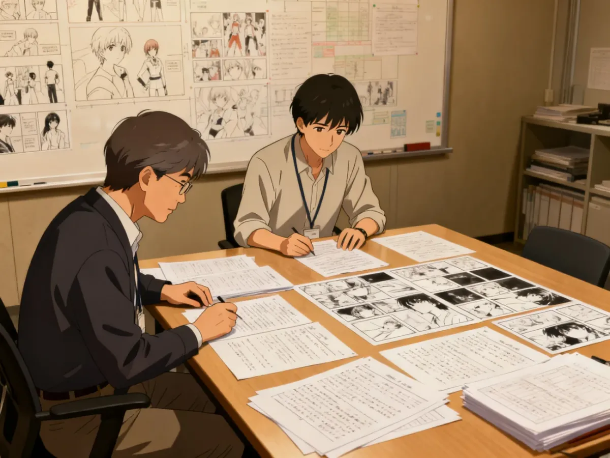 Reżyser i scenarzysta anime omawiający storyboard oraz scenariusz