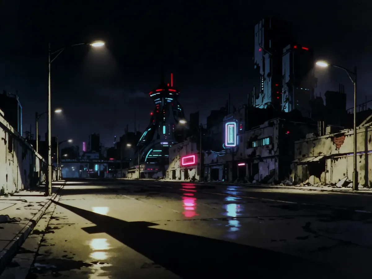 Mroczne futurystyczne miasto w stylistyce klasycznego anime