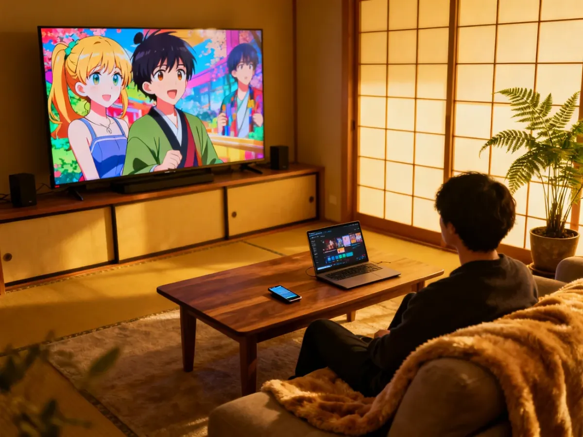 Oglądanie anime na telewizorze w przytulnym salonie