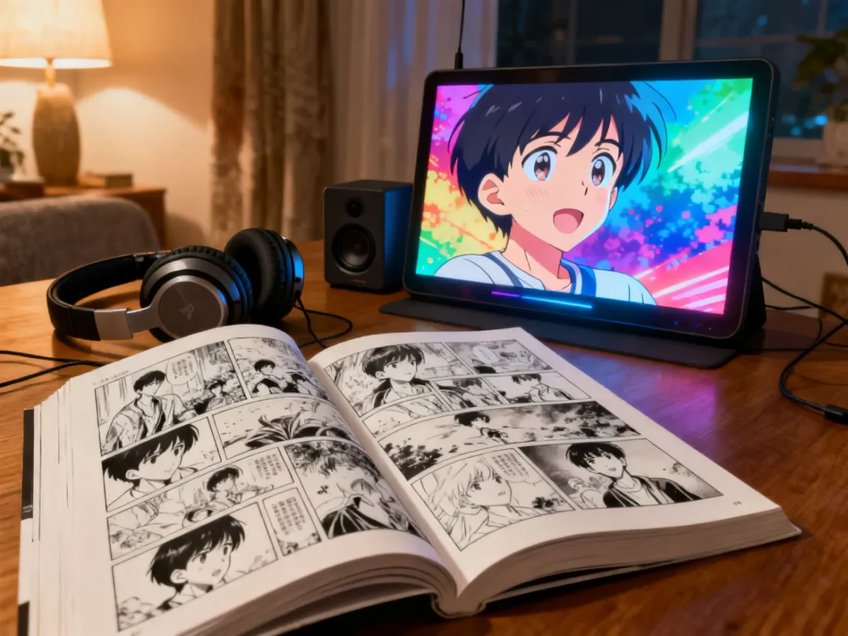 Otwarta manga i ekran z kolorową animacją zestawione w przytulnym wnętrzu