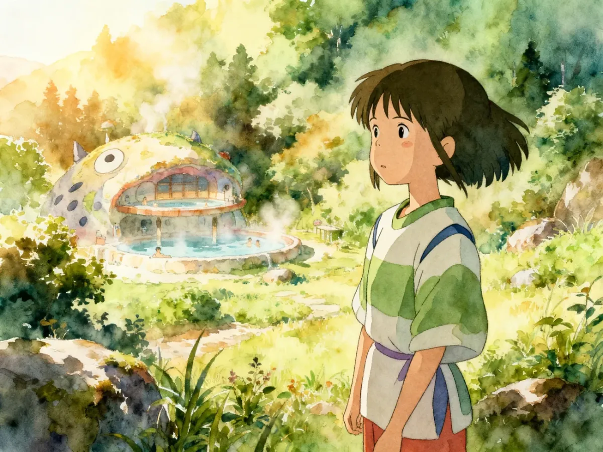 Fantastyczna bohaterka w bujnym, ręcznie rysowanym świecie inspirowanym estetyką Studia Ghibli