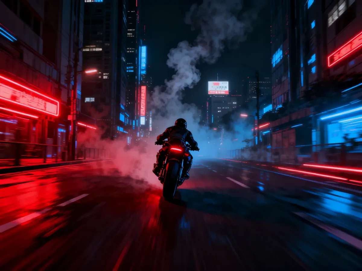 Motocyklista pędzący przez mroczne, futurystyczne miasto w stylistyce cyberpunkowego anime