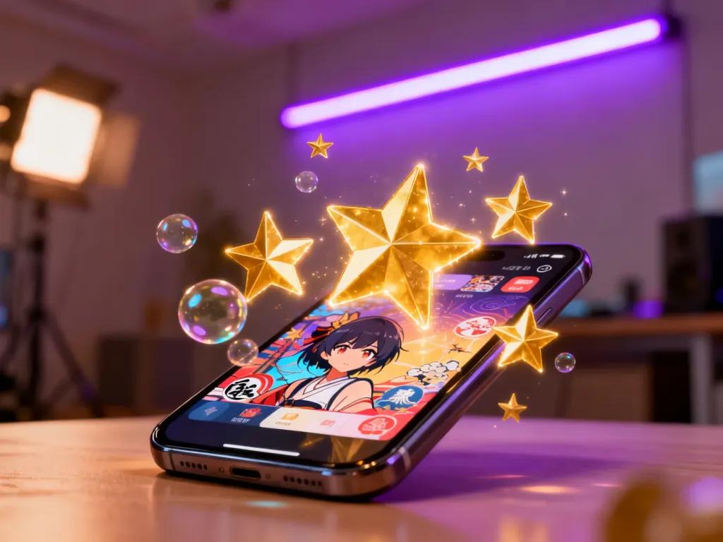 Smartfon z interfejsem w stylu anime, otoczony złotymi gwiazdkami i bąbelkami w przytulnym, nowoczesnym wnętrzu.