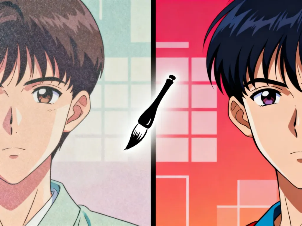 Porównanie estetyki anime: po lewej klasyczna animacja celuloidowa z lat 90., po prawej współczesna grafika cyfrowa.