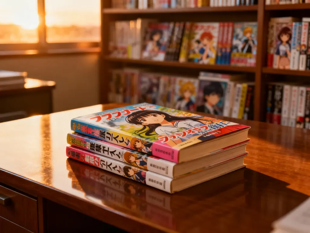 Stos książek typu light novel z kolorowymi okładkami na drewnianym biurku w przytulnym, nasłonecznionym wnętrzu.