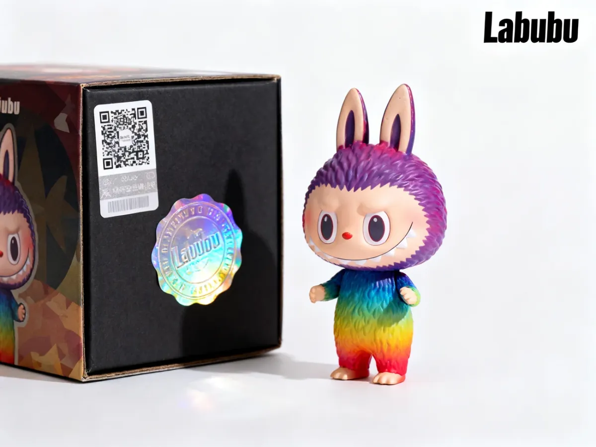 Figurka Labubu i jej opakowanie z kodem QR oraz hologramem