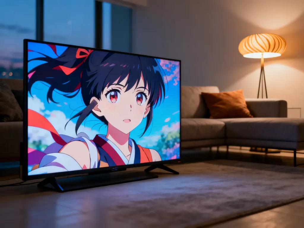 Nowoczesny salon z telewizorem wyświetlającym anime w wysokiej jakości, tworzący przytulny klimat wieczornego seansu.