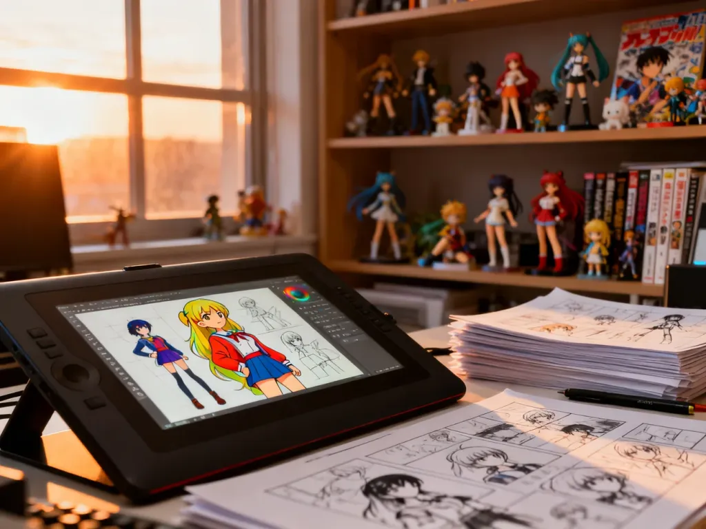 Stanowisko pracy animatora z tabletem graficznym i szkicami, ukazujące proces twórczy w profesjonalnym studiu anime.