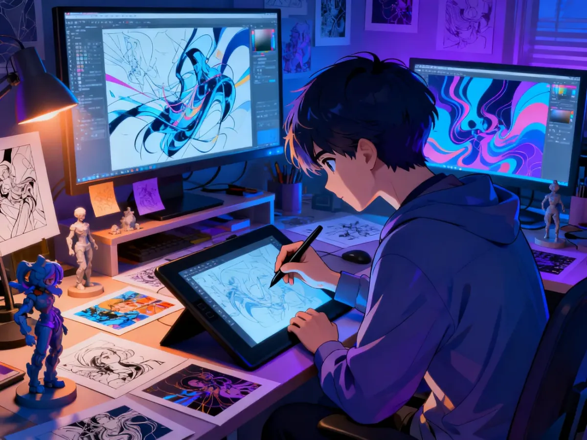 Współczesne studio cyfrowej produkcji anime z animatorem pracującym przy tablecie graficznym