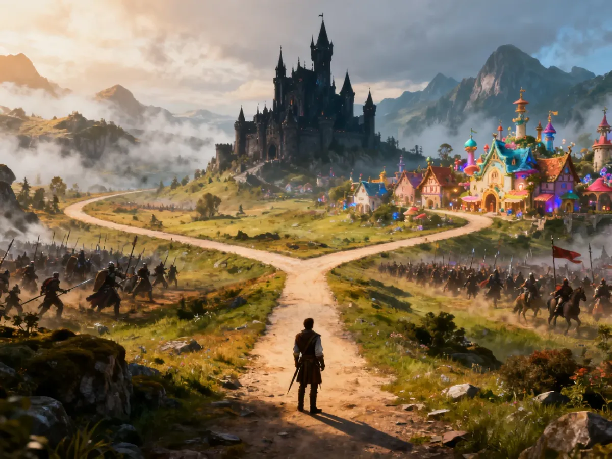 Bohater stojący na rozdrożu pośród różnych światów fantasy
