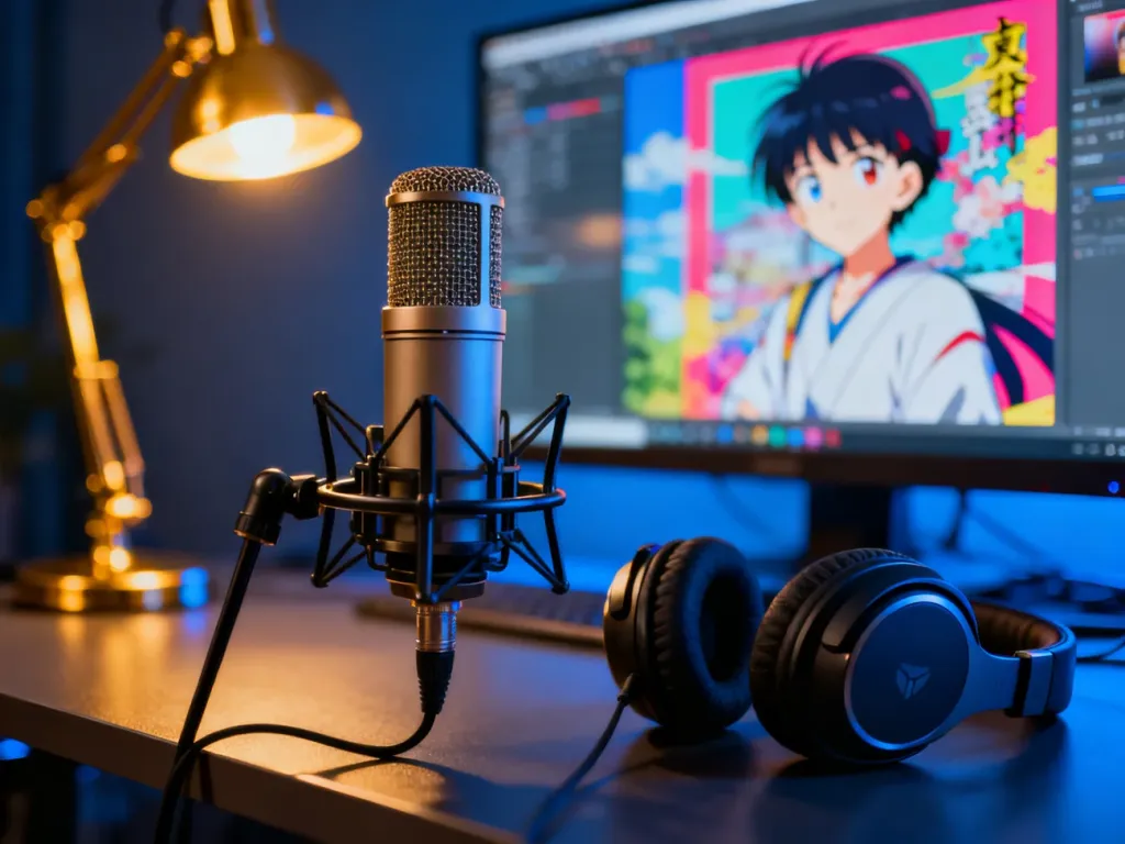 Profesjonalny mikrofon i słuchawki w studiu nagraniowym na tle monitora z kadrem z anime.