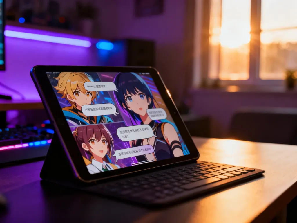 Tablet wyświetlający postacie w stylu anime z okienkami dialogowymi, prezentujący rozgrywkę w grze typu visual novel.
